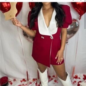 Crystal Rhinestone Button Bow Open Back Red Collar White Blazer Mini Dress L